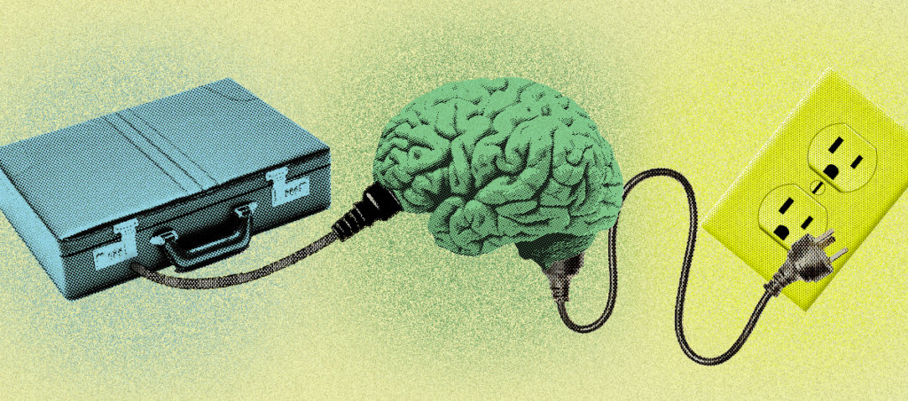 A collage of a briefcase, brain and electrical outlet, with an electrical cord connecting all three to convey people always being plugged into work. the image is colorful, in hues of yellow, blue and green, with a slightly grainy texture look to it.