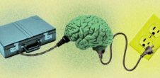 A collage of a briefcase, brain and electrical outlet, with an electrical cord connecting all three to convey people always being plugged into work. the image is colorful, in hues of yellow, blue and green, with a slightly grainy texture look to it.