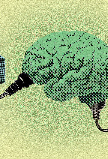 A collage of a briefcase, brain and electrical outlet, with an electrical cord connecting all three to convey people always being plugged into work. the image is colorful, in hues of yellow, blue and green, with a slightly grainy texture look to it.