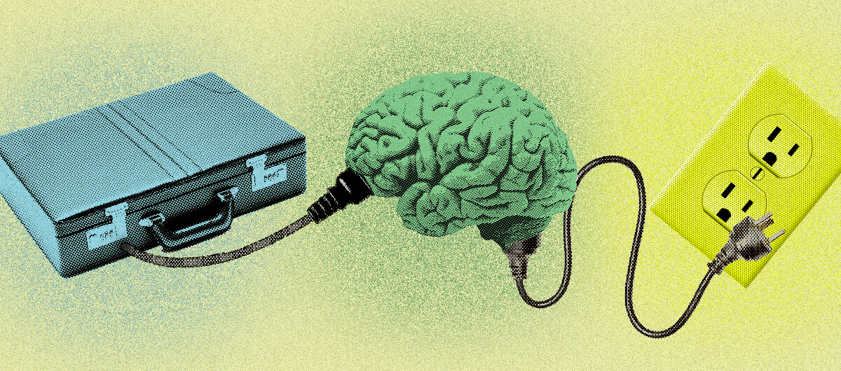 A collage of a briefcase, brain and electrical outlet, with an electrical cord connecting all three to convey people always being plugged into work. the image is colorful, in hues of yellow, blue and green, with a slightly grainy texture look to it.