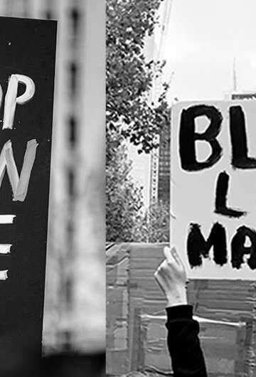 Black and white photos of a stop Asian hate sign and a black lives matter sign, both images taken a protest events