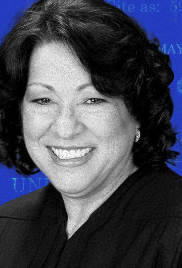 Supreme Court Justice Sonia Sotomayor. Background has colorized gavel, scales of justice and an image of a dissent paper