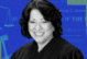 Supreme Court Justice Sonia Sotomayor. Background has colorized gavel, scales of justice and an image of a dissent paper