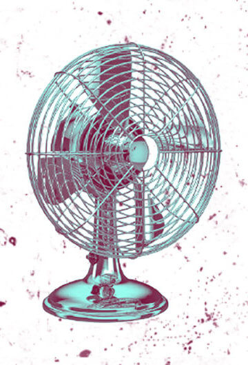 A table fan with a distortion effect colored with teal and red