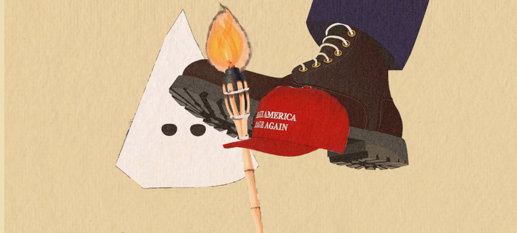 A collage of items conveying supremacy. A kkk hood, a boot, a tiki torch, a MAGA hat.