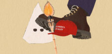 a collage of items conveying supremacy. A kkk hood, a boot, a tiki torch, a MAGA hat.