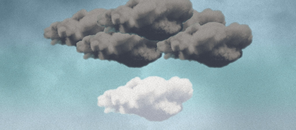 Illustration of 3 dark clouds above a white puffy cloud all on a sky background. image conveys depression, mental heath and individualized treatment