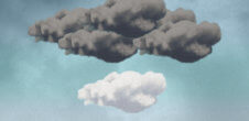 illustration of 3 dark clouds above a white puffy cloud all on a sky background. image conveys depression, mental heath and individualized treatment