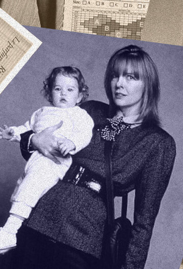 Collage of 1980's advertisements of women in suits with Diane Keaton in the movie Baby Boom centered.