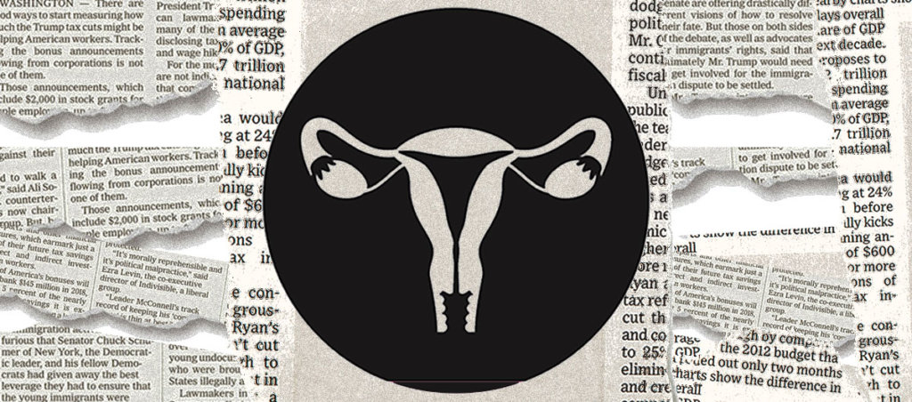 Vector drawing of a uterus layered on top of torn pieces of newspaper