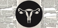 Vector drawing of a uterus layered on top of torn pieces of newspaper