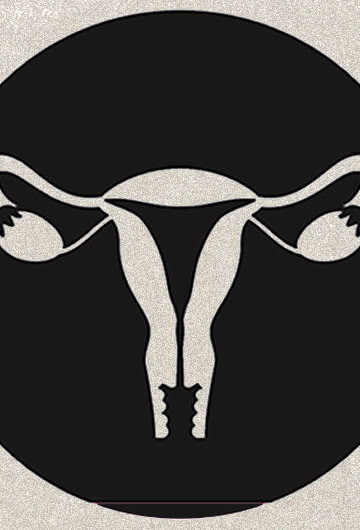 Vector drawing of a uterus layered on top of torn pieces of newspaper