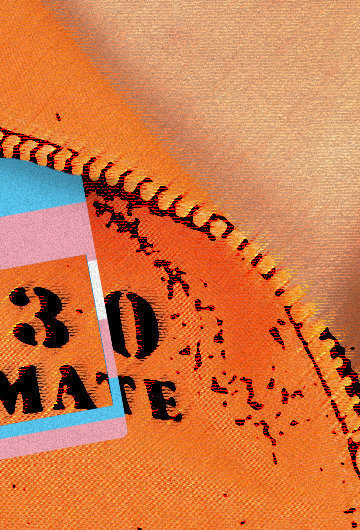 Hello my name is sticker where the border is the trans pride flag, on an orange prison jumpsuit.