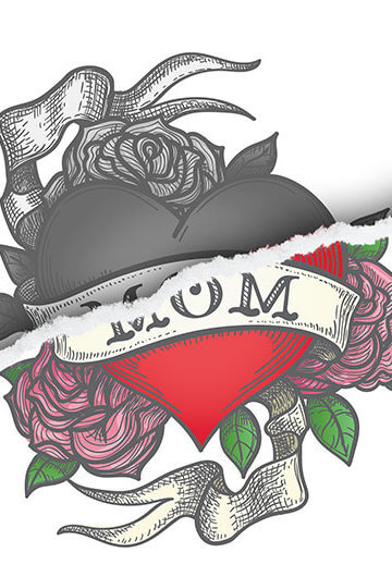 A mom tattoo with a torn paper effect running diagonal across with upper half in black and white and lower half in color