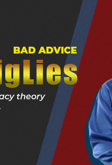 A an with a man holding a pillow that says "1-800-BigLies We'll indulge your conspiracy theory when other lawyers won't"