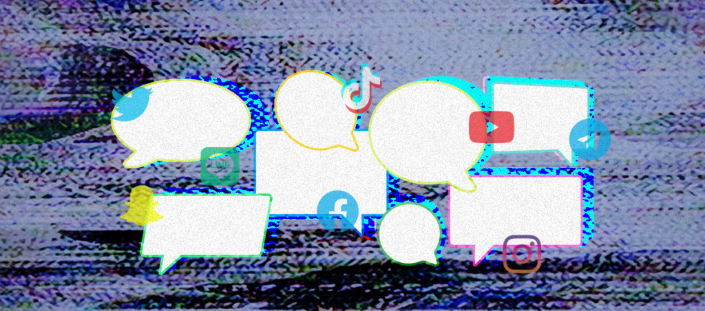 Thought bubbles surrounded by social media logos and icons to convey chatter