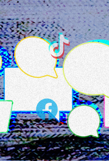 Thought bubbles surrounded by social media logos and icons to convey chatter