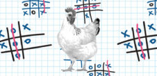 Collage of multiple tic tac toes games with a rooster in front