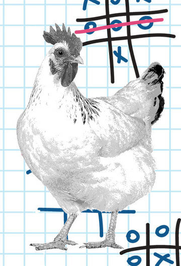 Collage of multiple tic tac toes games with a rooster in front
