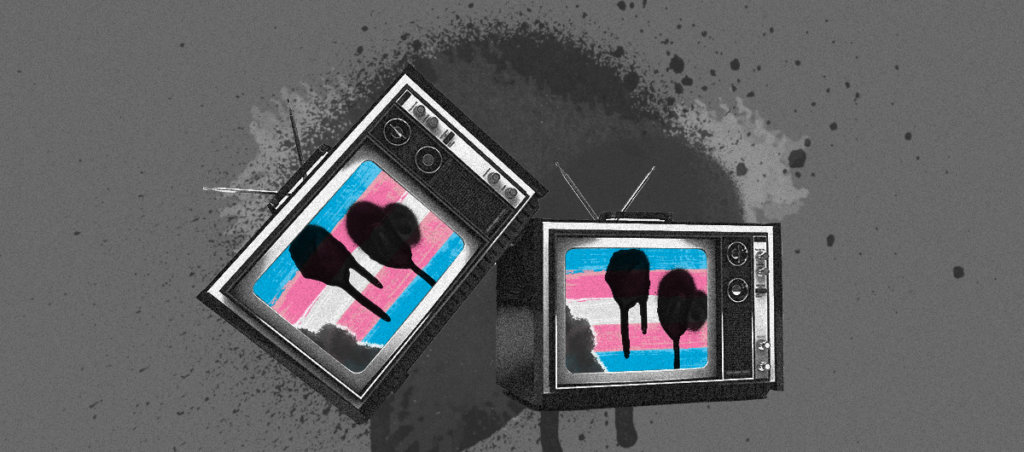 trans flags with spray paint inside of tvs