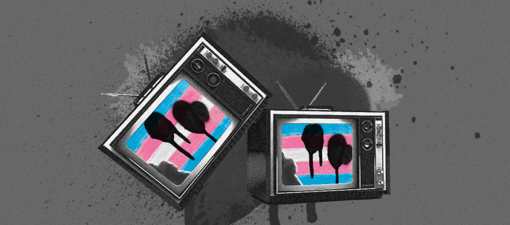 Trans flags with spray paint inside of tvs