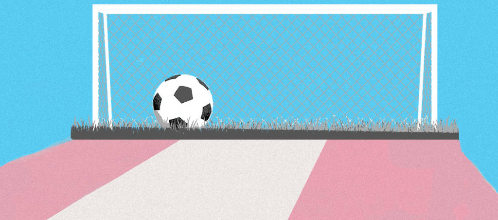 Soccer goal net with ball on a trans flag backdrop