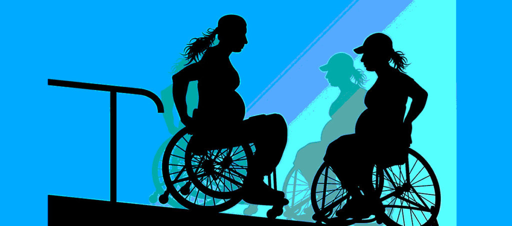Illustration of two pregnant persons in wheelchairs.