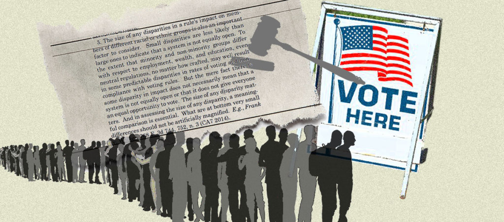 collage of illustrations of voting sign, people in line, gavel and SCOTUS ruling
