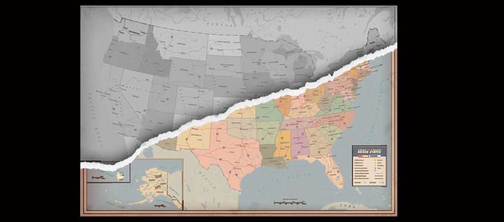 map of united states with a torn paper effect through the middle