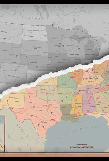 map of united states with a torn paper effect through the middle