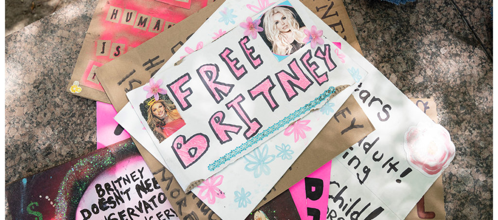 #FreeBritney signs at rally at LA Downtown Grand Park during a conservatorship hearing for Britney Spears.