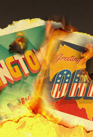 Washington and Oregon state post cards on fire.