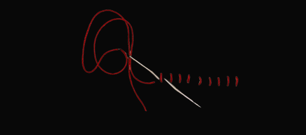 needle, thread, stitches on a black background