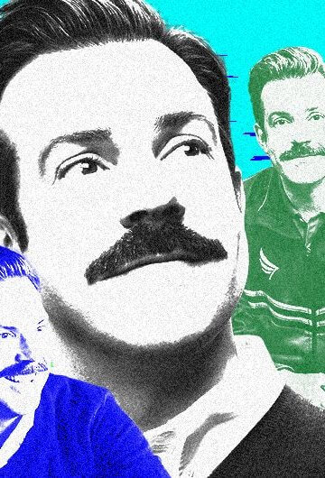 A collage of pictures of the character Ted Lasso