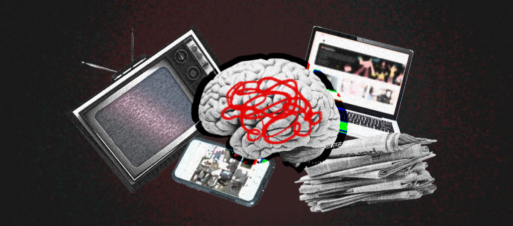 A brain with a scribble in the middle surrounded a tv, phone, laptop and newspapers, conveying things that demand attention