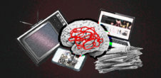 A brain with a scribble in the middle surrounded a tv, phone, laptop and newspapers, conveying things that demand attention