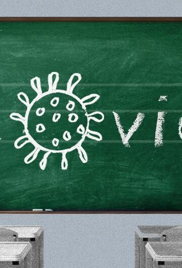 a classroom blackboard with covid spelled out but the o is in the shape of the covid virus