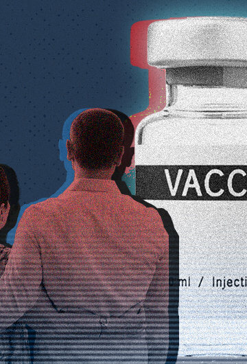 a woman and younger man standing in front of a covid vaccination vial