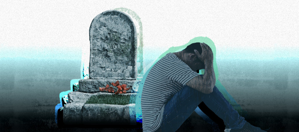 A collage of a gravestone and person with short hair leaning over with their hands on their head.