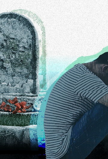 A collage of a gravestone and person with short hair leaning over with their hands on their head.