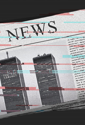 a newspaper flanked by two tv's with the twin towers on all three conveying 9/11 media coverage