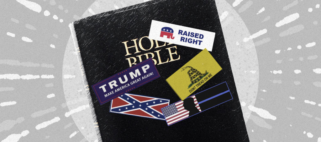 a bible with MAGA related bumper stickers