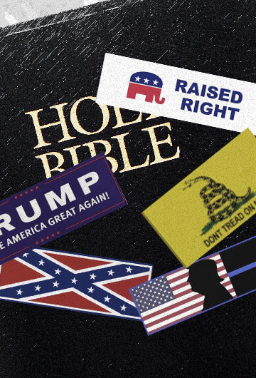 a bible with MAGA related bumper stickers