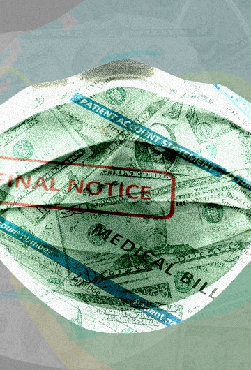 a surgical mask covered in dollar bills conveying medical debt