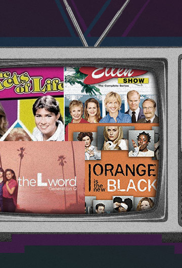 A collage of promotional images from "The L Word," "The Facts of Life," "The Ellen Show," and "Orange Is The New Black" inside a television.