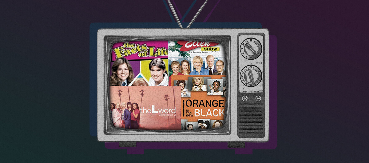A collage of promotional images from "The L Word," "The Facts of Life," "The Ellen Show," and "Orange Is The New Black" inside a television.