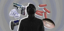A man in the foreground with a football, video game consul, stack of cash, pulls, and a gun in the background.