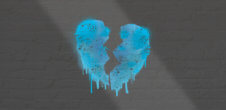 a broken heart, in the color blue, spray painted on a grey brick wall