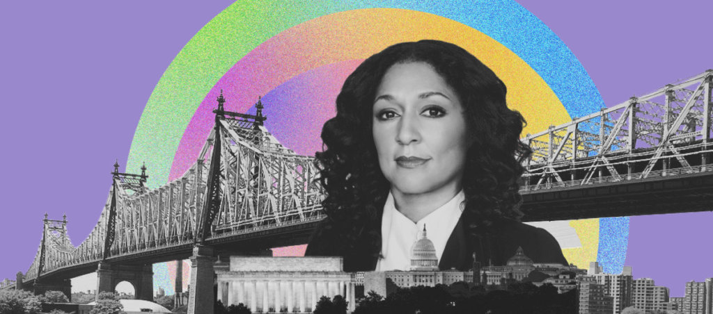 Photo of Maya Contreras on a collage background of rainbow, bridge and city skyline