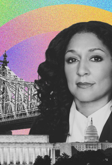 Photo of Maya Contreras on a collage background of rainbow, bridge and city skyline